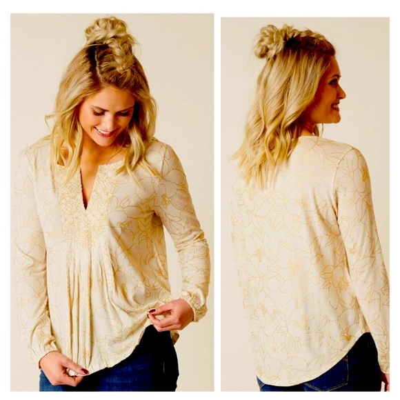 Lucky Brand Womens Small Cream and Gold Accent Long Sleeve Peasant Top - Picture 1 of 8